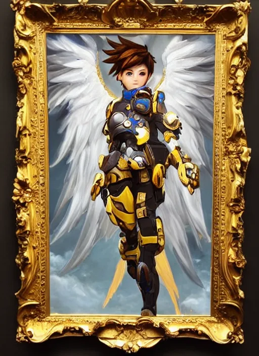 Image similar to full body oil painting of tracer overwatch in the style of sophie anderson, angel wings, angelic golden armor, dramatic painting, symmetrical composition, ornate, golden chains, high detail, gold detailed collar!!!!!, blooming, angelic, lights, flowers, heavenly, bright, detailed face,