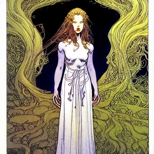 Image similar to a beautiful portrait of sanna!!!!! marin!!!!!, the young female prime minister of finland as a druidic wizard by rebecca guay, michael kaluta, charles vess and jean moebius giraud