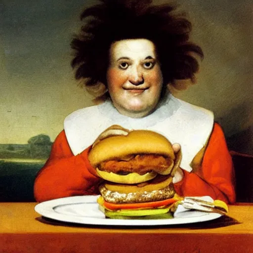 Image similar to ronald mcdonald eating a hamburger, painting by fransisco goya