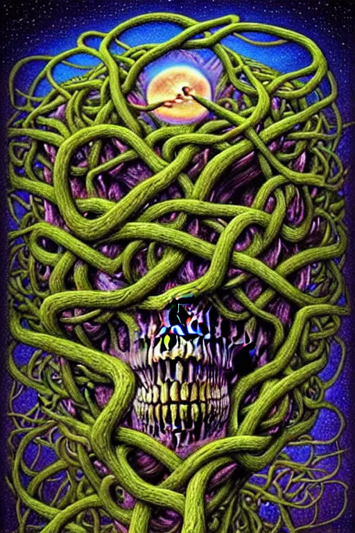 Image similar to Floating skull shaped island made of vines and earthart by visionary artist peter gric in hyperdetailed surreal fantastic style. Floating skull by hannah yata in visionary-psychedelic style earthart skull generative artwork by midjourney. Spiritual shamanic artifact skull decorated with gems and gold by billelis polished ominous photorealistic mysterious intricate hyperdetailed galactic expansive ethereal elemental detailed complex Earthart skull collage generated in discodiffusion or dall-e2 trending on Artstation hyperdetailed 8k resolution concept art 64 megapixels 8K resolution depth of field DSLR subtractive lighting tilt-shift wide-angle lens Skull made of smaller skulls made of smaller skulls surrealist fractal art gigapixel resolution 8K 3D | CGSociety | volumetric light | lightrays | smoke | cinematic | atmospheric | octane render | insanely detailed and intricate | hypermaximalist | elegant | ornate | luxury | elite | Floating skull hyperdetailed insanely complex artwork by psikodelicious art & design | gigapixel render | visions of chaos | midjourney | discodiffusion | complex hyperdetailed fantastic realism artwork made with dall-e2