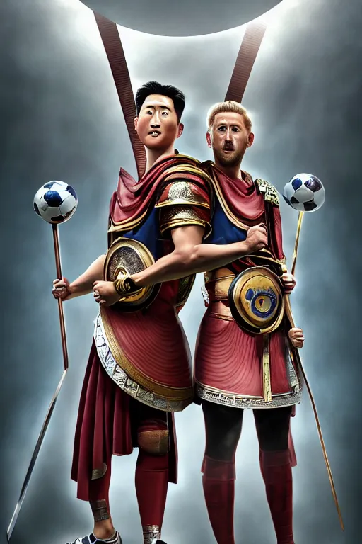 Prompt: an epic comic book style full body portrait painting of harry kane and son heung-min as a roman warriors, elegant, character design by Mark Ryden and Pixar and Hayao Miyazaki, unreal 5, DAZ, hyperrealistic, octane render, cosplay, RPG portrait, dynamic lighting, intricate detail, summer vibrancy, cinematic