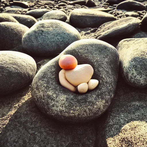 Image similar to a soulful concert as a small cute adorable pebble rock stone sings a lullaby before the heat death of the universe, wide shot, landscape, god rays, spot light, cinematic lighting, celestial, animism, so nice, so nice