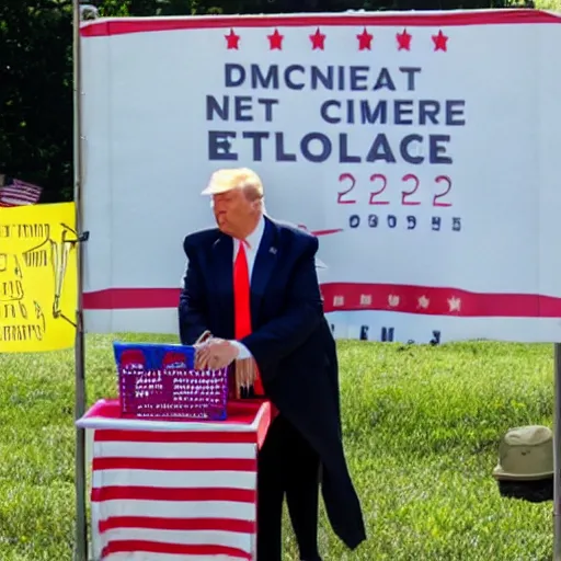 Image similar to donald trump standing behind a lemonade stand, handing out free nuclear codes on the national mall.
