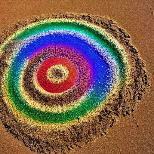 Prompt: rainbow made of sand on the sea