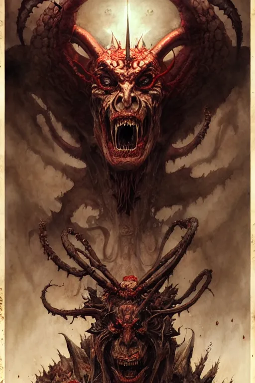 Image similar to hells gate demon lord | esoteric symbolism | jean - baptiste monge, esao andrews, bastien lecouffe - deharme, tim jacobus, ken currie | ultra - detailed realism, soft cinematic lighting, hi - fructose, artstation, high - quality, ink watercolors wes anderson poster art