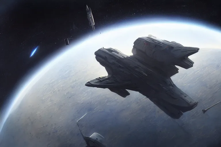 Image similar to hyper realistic sci - fi matte concept art painting of a starship above earth, beautiful details, strong composition painted by kim jung guweta studio rutkowski, james gurney and greg rutkowski, and lucasfilm, smooth, intricate, detailed, sharp focus, cinematic