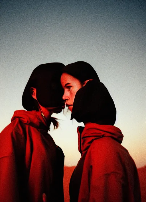 Prompt: cinestill 5 0 d photographic portrait of two loving female androids wearing rugged black techwear on a desolate plain with a red sky, standing in front of a brutalist structure, extreme closeup, cyberpunk style, dust storm, 8 k, hd, high resolution, 3 5 mm, f / 3 2, ultra realistic faces, ex machina