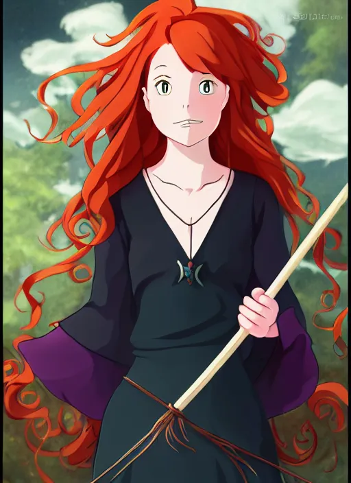 Image similar to redhead holding witch wand, advertising photoshoot, magic school academia, by studio ghibli, elegant, beautiful, digital art, trending on artstation, highly detailed, illustration, concept art, masterpiece