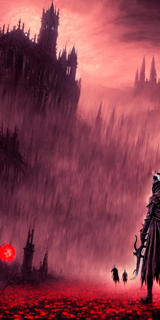 Image similar to populated bloodborne old valley with a obscure person at the centre and a ruined gothic city in the background, trees and stars in the background, falling red petals, epic red - orange moonlight, perfect lightning, wallpaper illustration by niko delort and kentaro miura, 4 k, ultra realistic