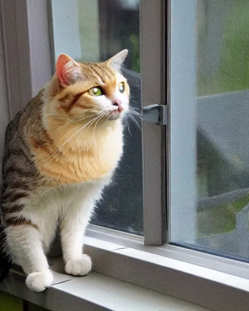 Image similar to a watchful cat is staring out the window at a couple of birds in the yard the birds are hunting for food on the ground. the cat's tail is slowly flicking back and forth