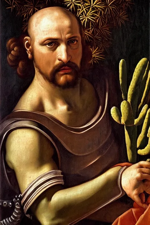 Image similar to renaissance painting of evil men, portrait, face closeup, emotions closeup, dressed in spartan armour, the beautiful garden with cactus everywhere, ultra detailed, art by guido reni style, vincenzo catena style