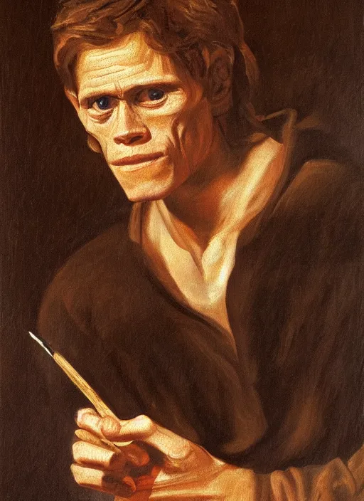 Prompt: portrait painting of young willem dafoe, renaissance oil painting, studious chiaroscuro