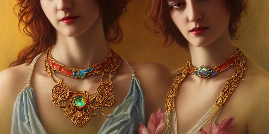 Image similar to highly detailed oil painting, centered in image, art nouveau, ornate, delicate, brilliant magical gemstones choker, around a neck, octane render, realistic, dramatic light,