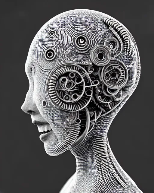 Image similar to mythical black and white organic biomechanical spinal ribbed face portrait detail of mechanical beautiful female vegetal-cyborg, highly detailed, intricate ornate, poetic, 3D render, digital art, octane render, 8K artistic photography, photo-realistic, by Man Ray