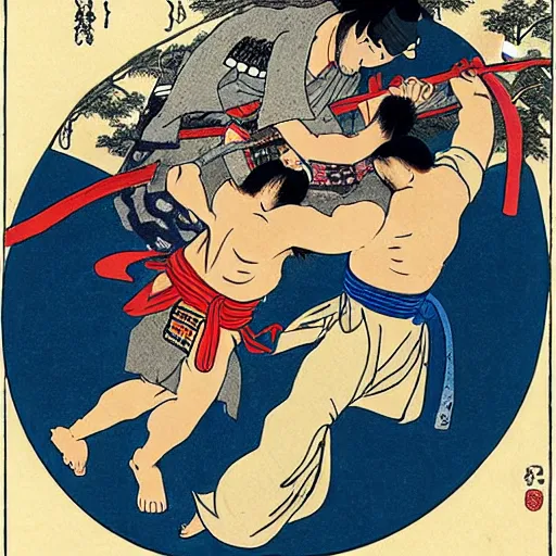 Prompt: samurai wrestling a wolf in the style of Hokusai