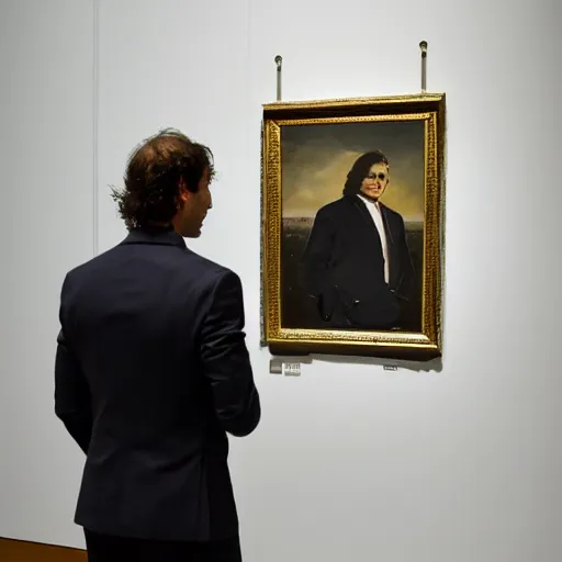 Prompt: nadal looking at a painting of himself