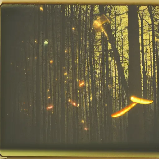 Image similar to a sleek round aircraft with glowing lights flying over a forest at night, old polaroid, expired film,