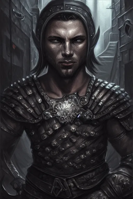 Prompt: portrait of a muscular male thief wearing black leather armor in a dark alleyway, fantasy, intricate, elegant, highly detailed, digital painting, artstation, concept art, matte, sharp focus, illustration, art by aenaluck, epic fantasy, moody, dark mood, digital painting