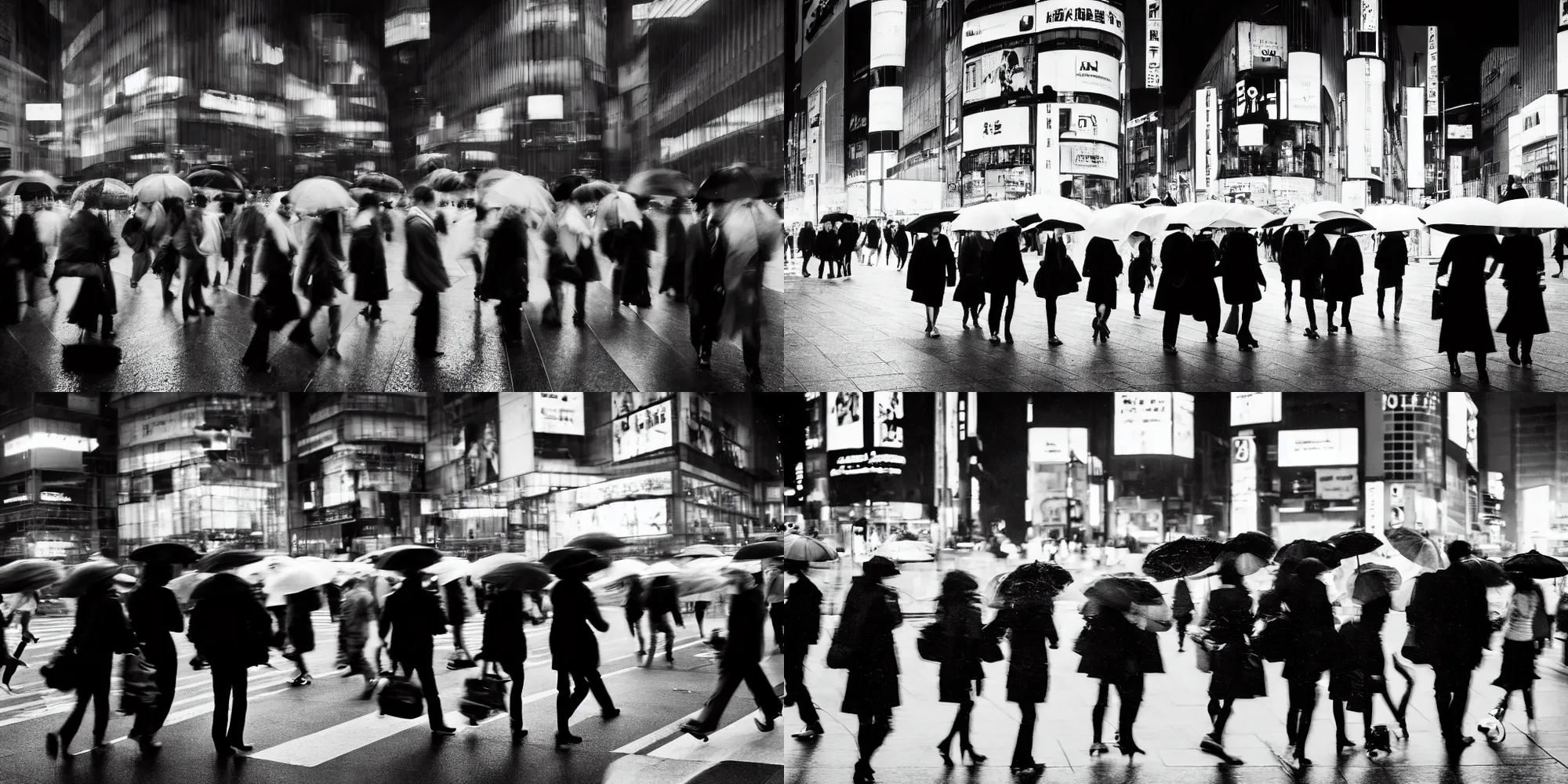 Prompt: multiple people walking in the city with umbrellas by richard avedon. shibuya crossing. street photography. black and white. ilford delta. long exposure, motion blur.