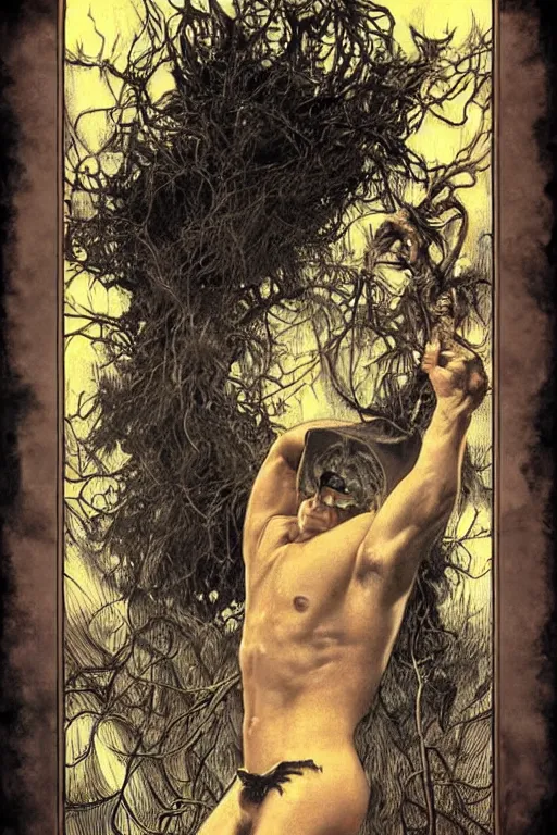 Prompt: a dramatic ethereal epic symmetrical painting of a handsome cowboy holding a tree sapling | he is dark skinned, shirtless and wearing a cowboy hat | background and border is a fire conflagration flames | tarot card, art deco, art nouveau, homoerotic, realistic, vines | by Dresden Codak, by Mark Maggiori and ((((Alphonse Mucha))) | trending on artstation