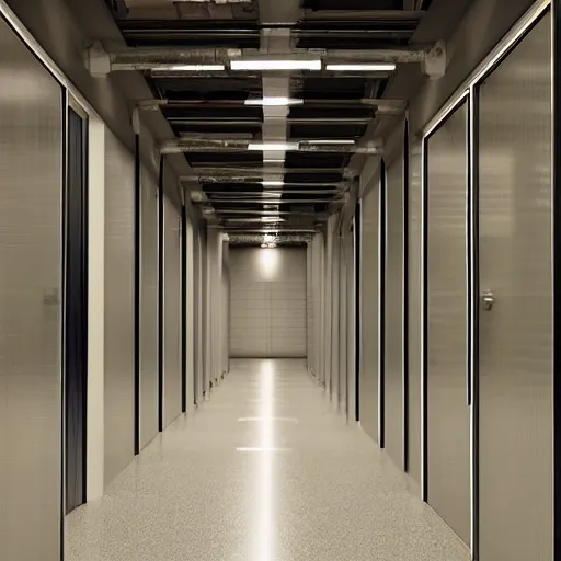 Prompt: an infinite hallway inside a rural european office building, with infinite doorways and infinite doors, every doorway leading to an alternate reality