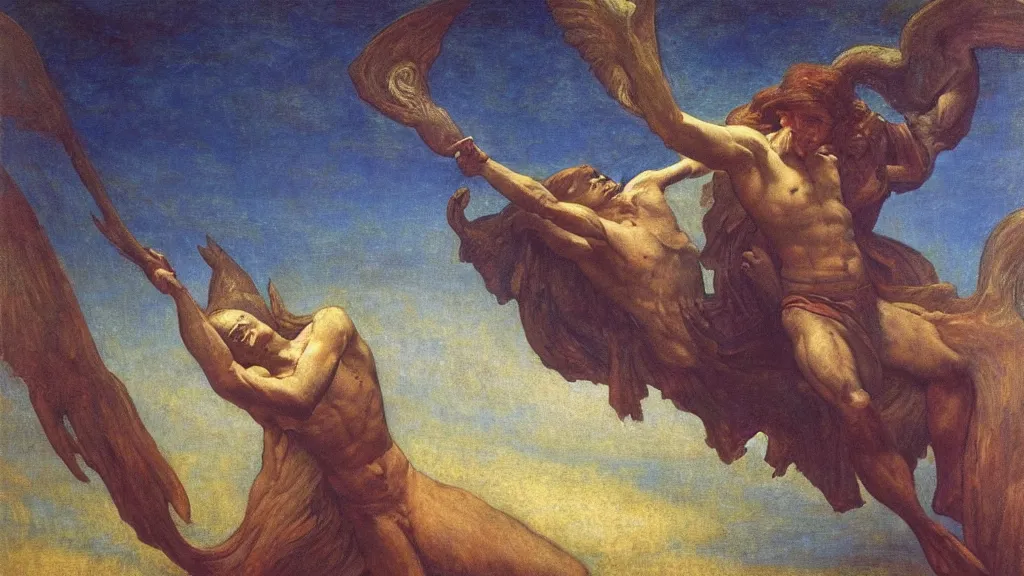 Prompt: ( he is strong with change, and rideth forth in whirlwind clothed, with thunders and with doom to the red stars ) in the style of max klinger, george frederick watts, jean delville, oil on canvas