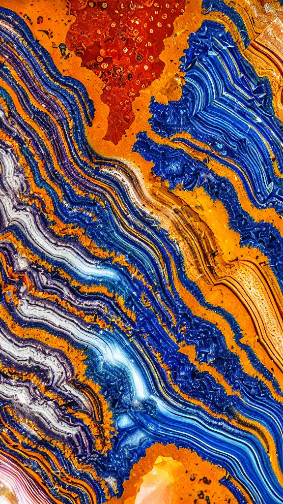 Prompt: macro photography, vivid color, folded, tessellated planes and shelves of rock, alien sedimentary crystal formations, quartzite, igneous rock, marbled veins, 3D!!! diorama!!!!!!, depth of field patina of inlaid circuitry, layers of strata, mineral grains, dramatic lighting, rock texture, sand by James jean, geology, octane render in the style of Luis García Mozos