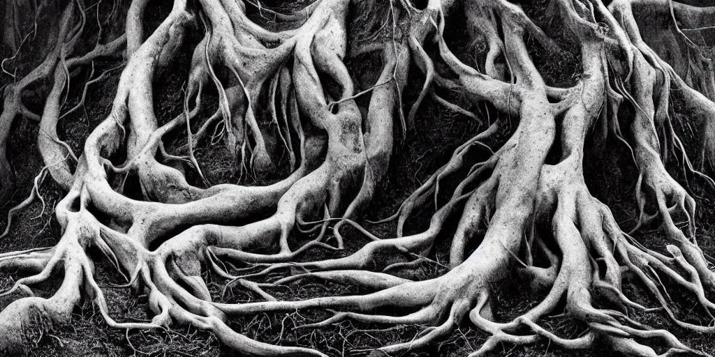 Image similar to portrait of a sickle getting overgrown by roots, forest, dolomites, alpine, detailed intricate insanely detailed octane render, 8k artistic 1920s photography, photorealistic, black and white, chiaroscuro, hd, by David Cronenberg, Raphael, Caravaggio