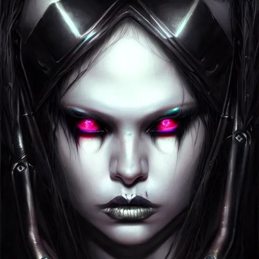 Prompt: portrait of a female cybergoth grim dark, dark, piercing eyes, exotic expression, esoteric clothing, photorealistic, highly detailed, mysterious lighting, artstation, smooth, sharp focus, art by michael whelan, artgerm, greg rutkowski and luis royo