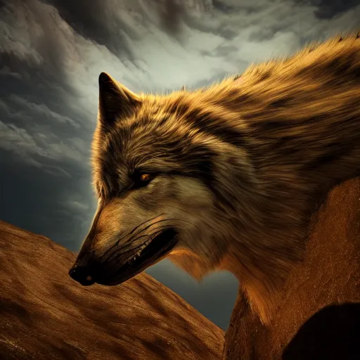 Image similar to of beksinki sky and fantasy desert on the theme and shape of a wolves head epic cinematic lighting ultra detailed 8 k hi res