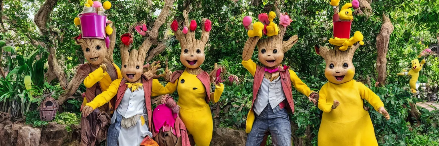 Image similar to groot and pikachu at the mad hatter tea party