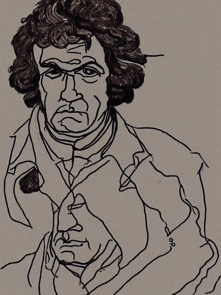 Prompt: a line art portrait of composer beethoven, inspired by the work of egon schiele.