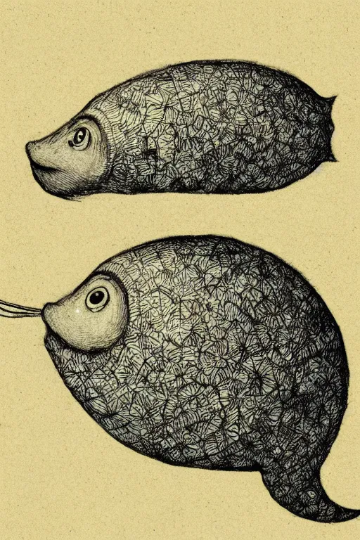 Prompt: motionless pufferfish, in the style of Greg Broadmore and Arthur Rackham and Moebius,trending on artstation, light lighting side view,digital art,surrealism ,macro,blueprint ,vaporwave ,