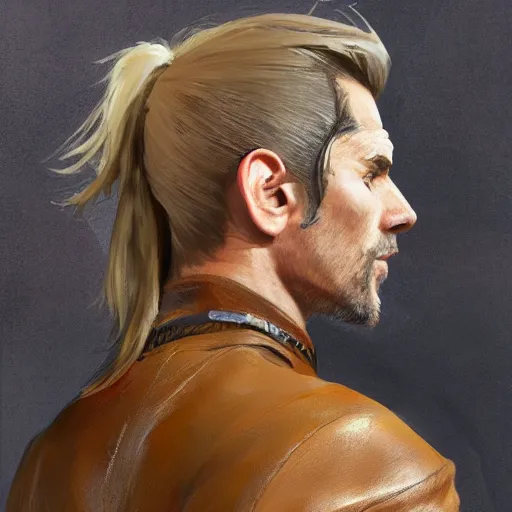 Prompt: rear side portrait of a muscular, ponytail haired blonde man with a steel left arm, wearing a brown leather coat, scar on the left side of the face, DnD, fantasy, digital art by Ruan Jia