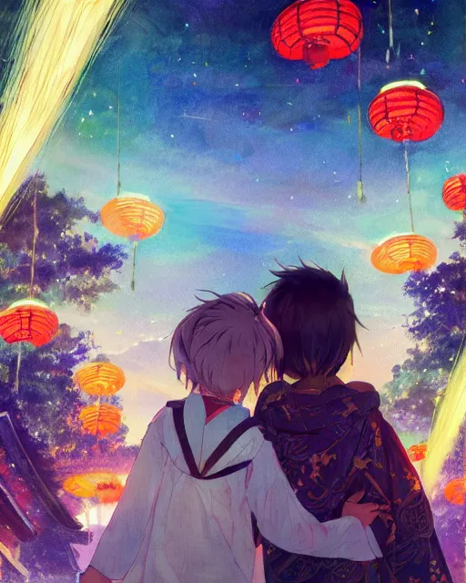 Image similar to beautiful anime painting of a boy and a girl from behind at a shinto shrine looking up at the night sky illuminated by colorful new years fireworks, by WLOP and Slawek Fedorczuk and rossdraws, trending on artstation, concept art