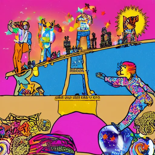 Image similar to fall of the berlin wall, in the style of lisa frank