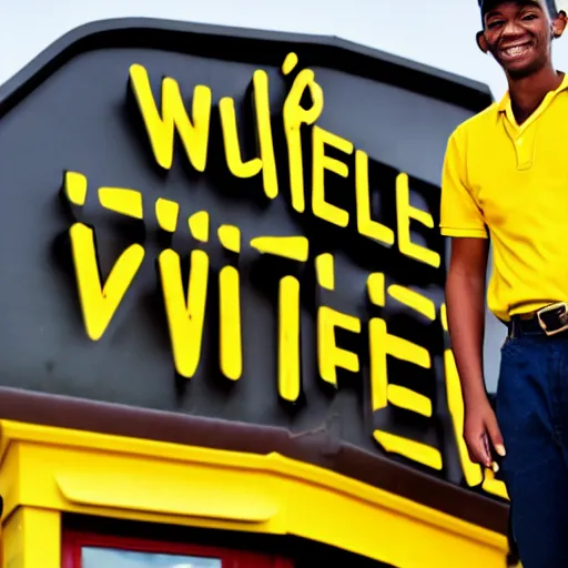 Image similar to wafflehouse employee's standing below wafflehouse sign