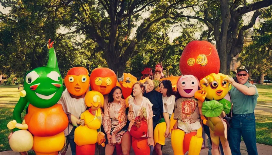 Prompt: 1990s candid photo of a beautiful day at the park, cinematic lighting, cinematic look, golden hour, costumed fruit mascot people coming out of a portal, Enormous personified fruit people with outstandingly happy faces coming out of a portal and talking to families, UHD