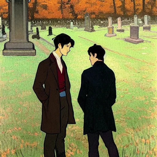 Image similar to painting of young cute handsome beautiful dark medium wavy hair man in his 2 0 s named shadow taehyung and cute handsome beautiful min - jun together at the graveyard party, ghostly, haunted gravestones, ghosts, autumn! colors, elegant, wearing suits!, clothes!, clear, delicate facial features, art by alphonse mucha, vincent van gogh, egon schiele