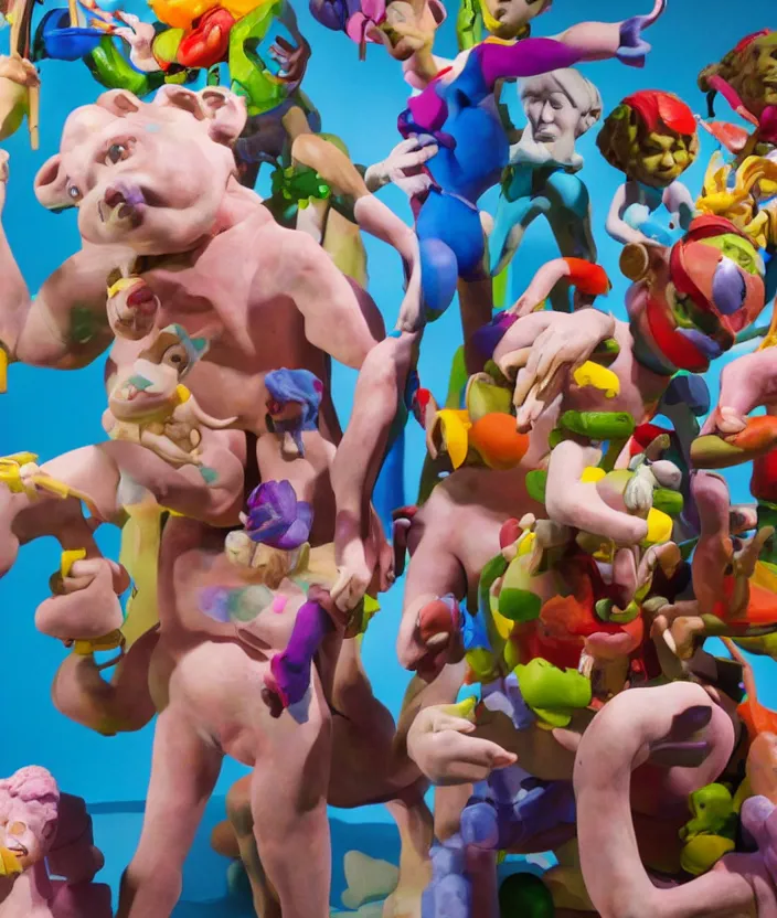 Image similar to a claymation film still of a contemporary sculpture / collection / contemporary art / gallery / museum / claymation by jeff koons and bruce bickford