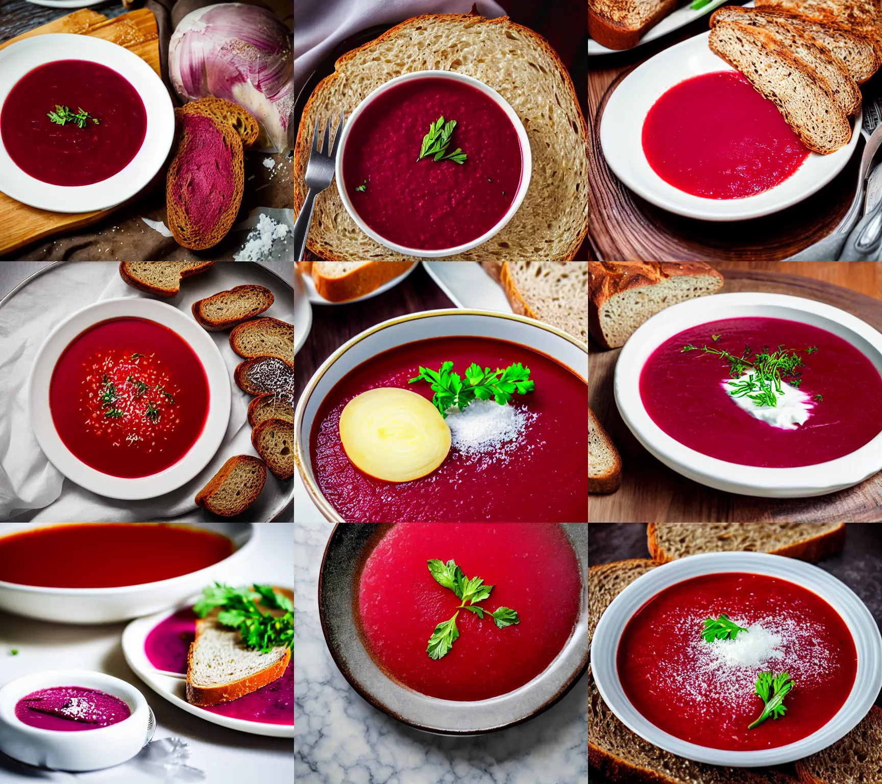 Prompt: khokhloma plate of borscht, sliced salt on brown bread, hyper realistic, foodphoto, extremely detailed, photorealism, garlic on background, side view, bokeh, epic lightning, yamy, sigma 8 5 mm f 1. 5