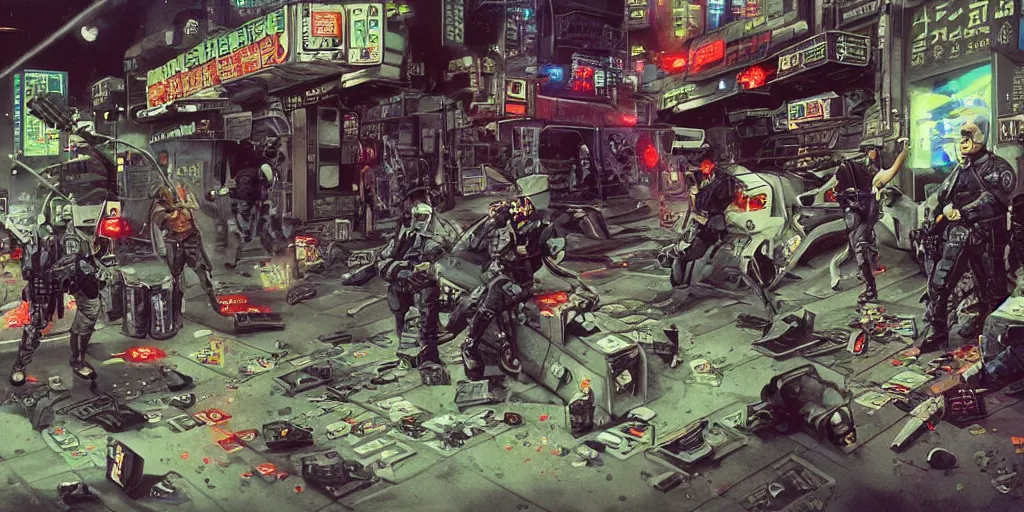 Prompt: 1992 Video Game Concept Art, Anime Neo-tokyo Cyborg bank robbers vs police, Set in Cyberpunk Bank Vault, bags of money, Multiplayer set-piece :9, Police officers hit by bullets, Police Calling for back up, Bullet Holes and Blood Splatter, :6 ,Hostages, Smoke Grenades, Large Caliber Sniper Fire, Chaos, Cyberpunk, Money, Anime Bullet VFX, Machine Gun Fire, Violent Gun Action, Shootout, Escape From Tarkov, Payday 2, Highly Detailed, 8k :7 by Katsuhiro Otomo + Studio Gainax + Sanaril : 8