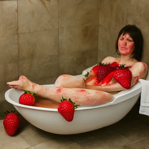 Image similar to bath filled with strawberries, woman sitting inside