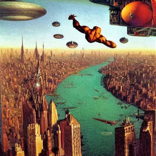 Image similar to ripped physique ultimate space villain super gollum flies above new york city with his bad breath lotr themes konstantin vasilyev grant wood jan van eyck john steuart curry