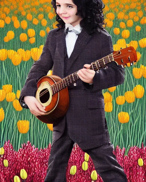 Prompt: tiny tim with long curly black hair wearing a plaid suit tiptoes thru the tulips holding his ukelele full portrait shot by mandy jurgens, wow, just had his hair did, can you beleive that haircut?, 4k, digital art,