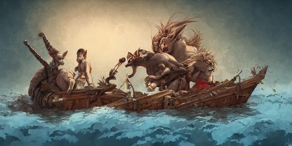 Prompt: Minotaur in a Boat, by Caza, studio ghibli, cinematic lighting, intricate, highly detailed, digital painting, trending on artstation, Illustration, epic scale