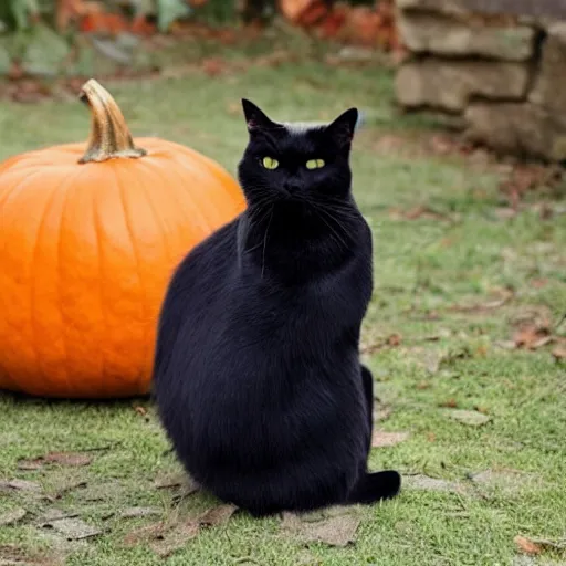 Image similar to a singular black cat resting on top of a pumpkin, simple, cute