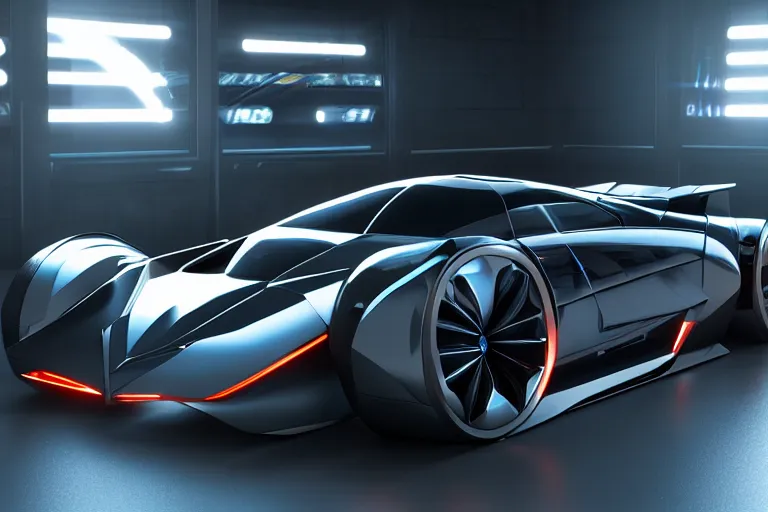 Image similar to cyberpunk batmobile concept inspired sports car, futuristic look, highly detailed body, very expensive, photorealistic camera shot, bright studio setting, studio lighting, crisp quality and light reflections, unreal engine 5 quality render