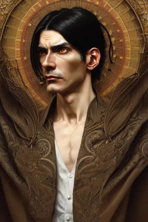 Image similar to ultra realistic, thin man in nice modern clothes, black hair, brown eyes, occult jewelry, fantasy, intricate details, eerie, highly detailed, octane render, 8 k, art by artgerm and alphonse mucha and greg rutkowski