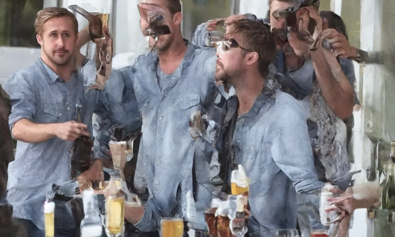 Image similar to Ryan Gosling drinks beer with Jesus